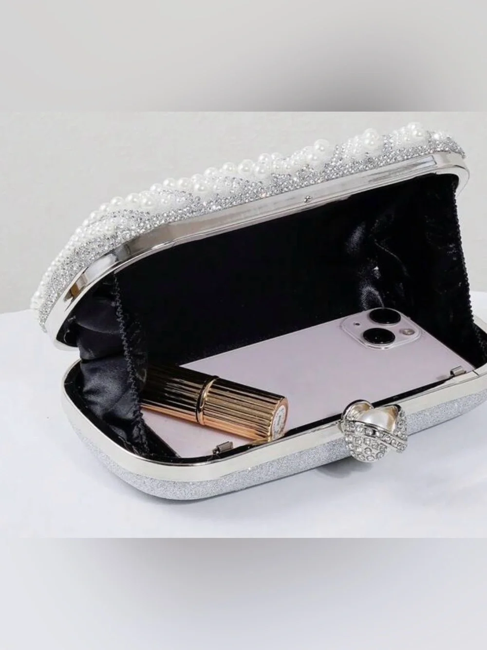 Pearl & Crystal Embellished Clutch - Silver